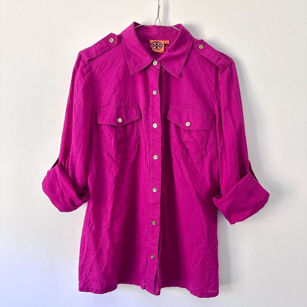 Authentic Tory Burch long sleeve button-front utility shirt magenta size 10